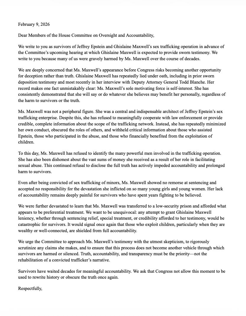 AaronParnas's tweet photo. NEW: Epstein survivors write this open letter for lawmakers during today's deposition of Ghislaine Maxwell.
"Ms. Maxwell was not a peripheral figure."
"To this day, Ms. Maxwell has refused to identify the many powerful men involved in the trafficking operation." https://t.co/yGxmF1V9NZ