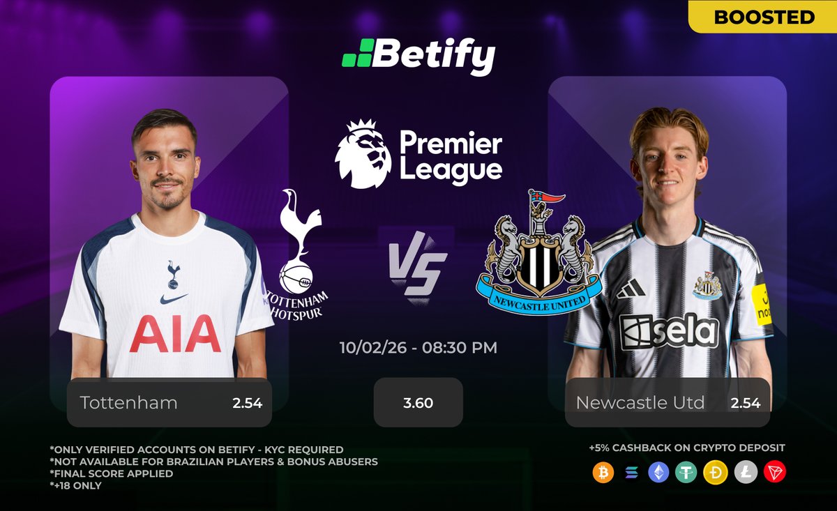Betify's tweet photo. PREMIER LEAGUE ⚽️

Tottenham Hotspur - Newcastle United

Predict first player scorer + final score for a chance to win a tip 🔥💸

💚 + RT ♻️ + 🔔 Follow @Betify 
⚠️ 1 guess per account
No Betify🆔 = No participation

3 winners 🏆

⚽️ https://t.co/FRyIxawxGk https://t.co/6MCykqIV4c