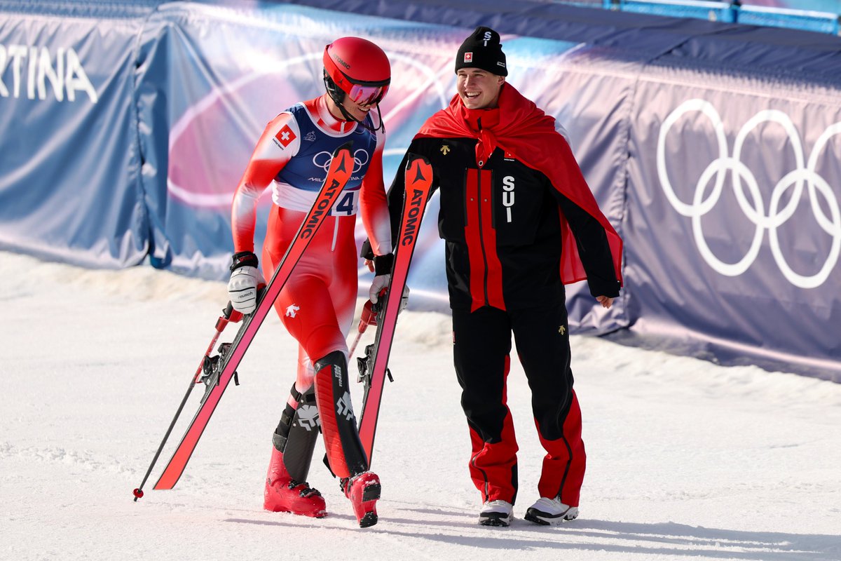 Olympics's tweet photo. Franjo von Allmen is having the time of his life at his first Olympic Games!

Two golds in three days for Switzerland 🤯
🥇 Men's downhill
🥇 Men's team combined with Tanguy Nef

#AlpineSkiing #MilanoCortina2026 https://t.co/Xe3MdC3eP2