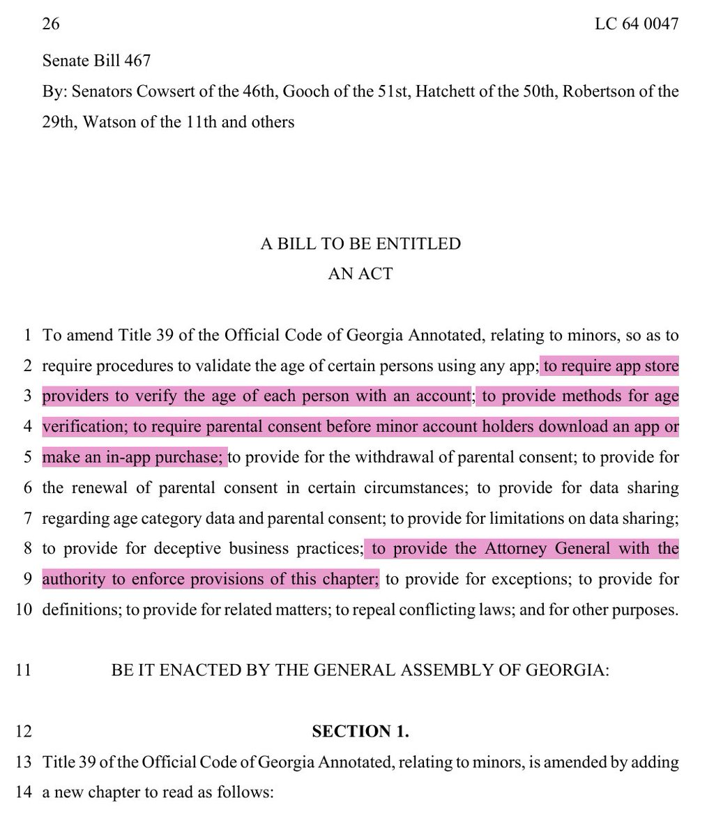 juliecbarrett's tweet photo. Georgia joins the Digital ID trend known as the "App store Accountability Act."

SB 467 was introduced on Friday, Feb 6 - it very closely resembles Utah's ASAA which is the first one passed in the country, also home to the ASAA architect, Melissa McKay. https://t.co/USSs27yy9w