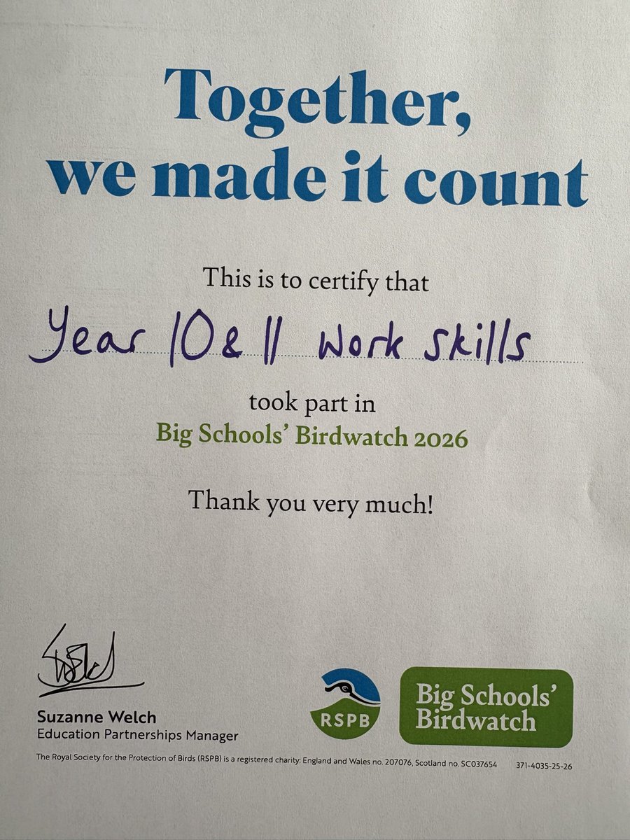 Today Year 10+11 BTEC took part in the RSPB Big Schools’ birdwatch count. We walked around our school grounds searching for different species of birds, tallying them up and then inputted the results online to feed into national statistics🌿♥️🐦‍⬛