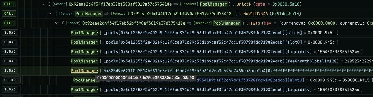evmchronicle_io's tweet image. Inside the trace, SLOAD and SSTORE are translated when possible:
• Raw slots mapped to variable names
• Storage paths shown instead of anonymous slots
• Old → new values visible at the operation level
Storage ops become readable.