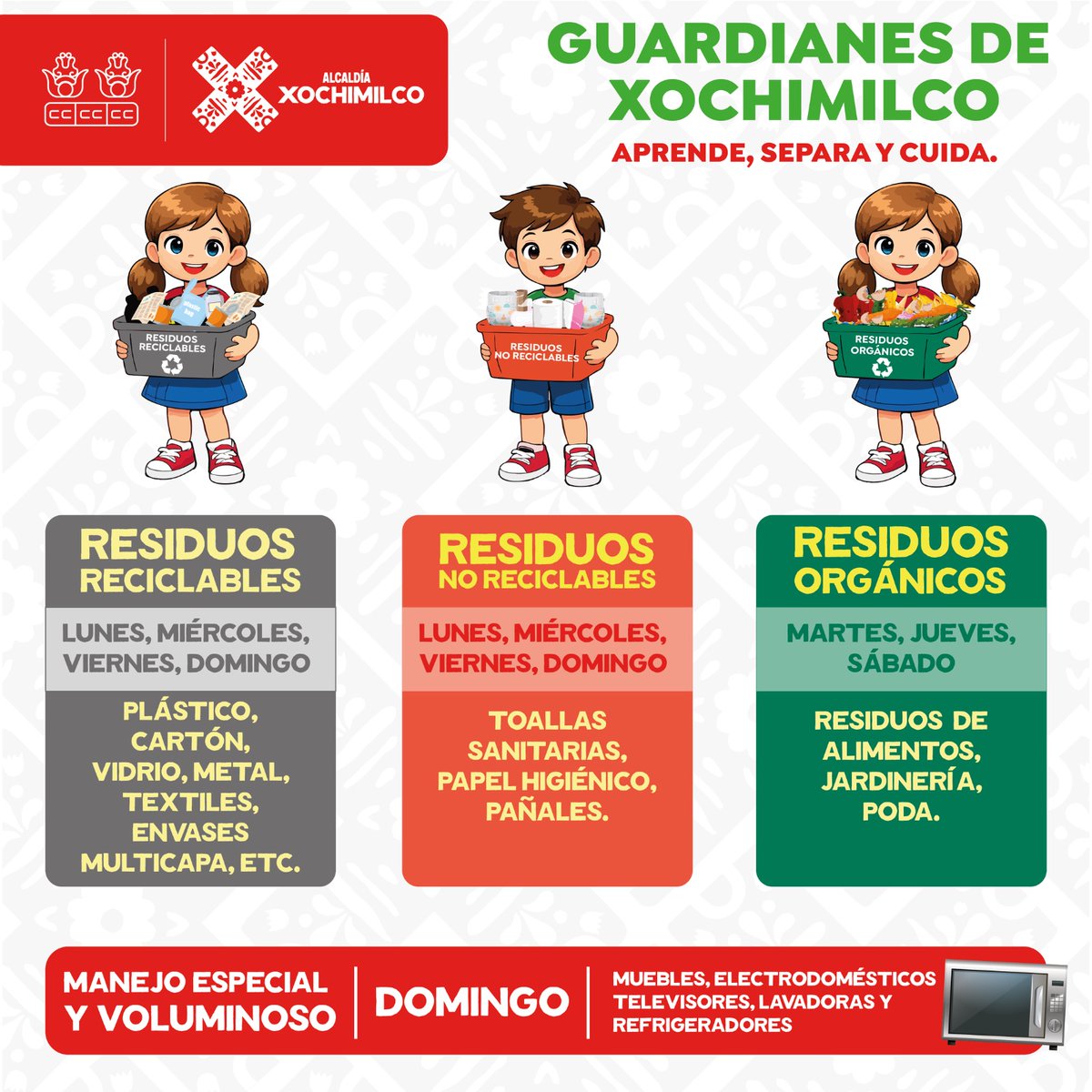Separar la basura es un acto de responsabilidad que nos ayuda a todas y todos. ♻️🚮

🤗 Recuerda que solo en días especiales se recibirá cierto tipo de basura; que no te agarre por sorpresa.
#TierraDeGuardianes 🌿