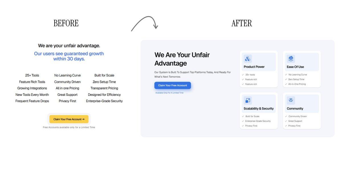BEFORE: No hierarchy, hard to scan, visually flat 
AFTER: Clear grouping, easy to scan, balanced layout

Design that works, not just looks good.