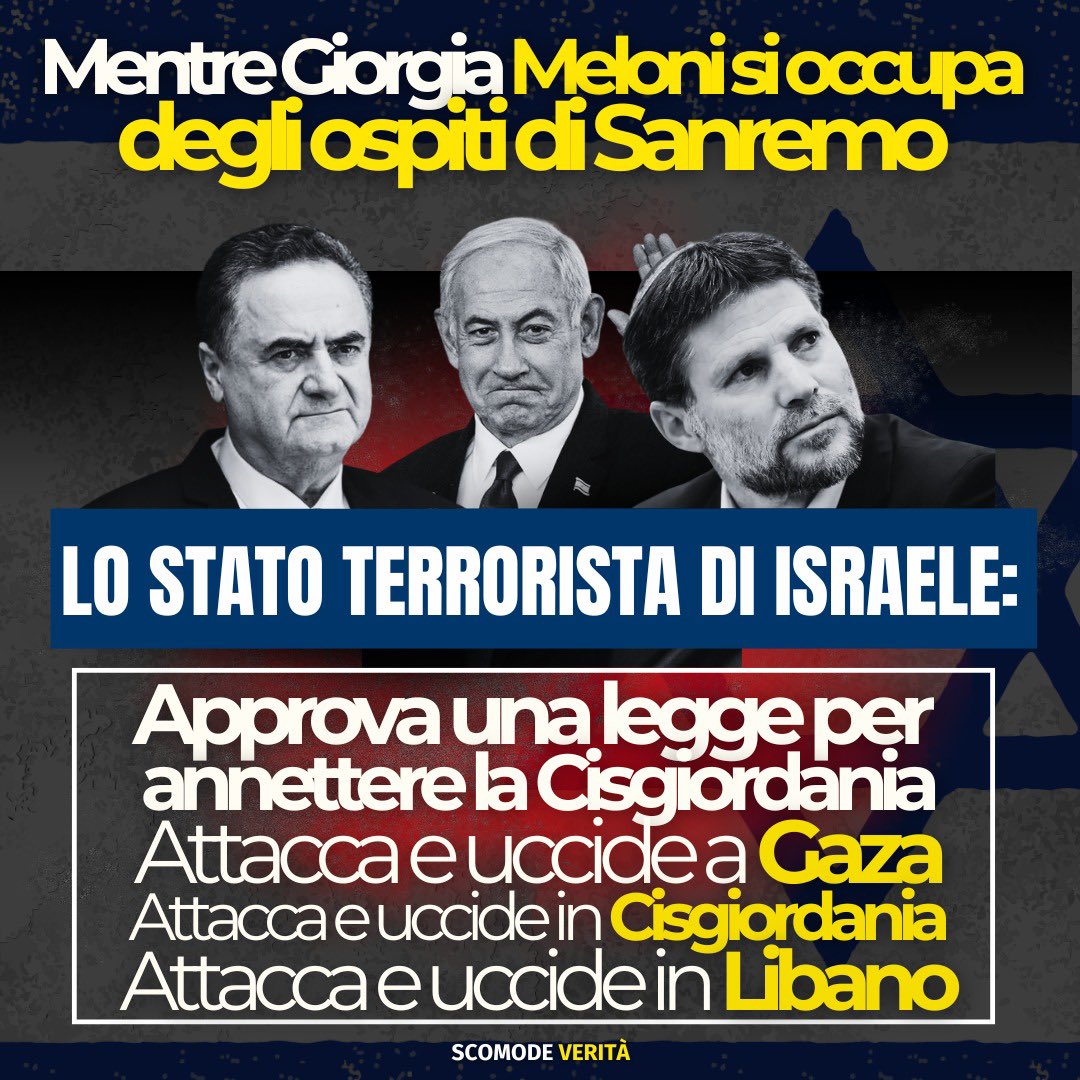 Mentre la “donna, madre e cristiana” si occupa degli ospiti di Sanremo i suoi amici terroristi israeliani fanno tutto questo nel silenzio dell’Europa. Leggete qui 👉 alessandrodibattista.substack.com/p/verso-lannes… e iscrivetevi al mio canale Substack