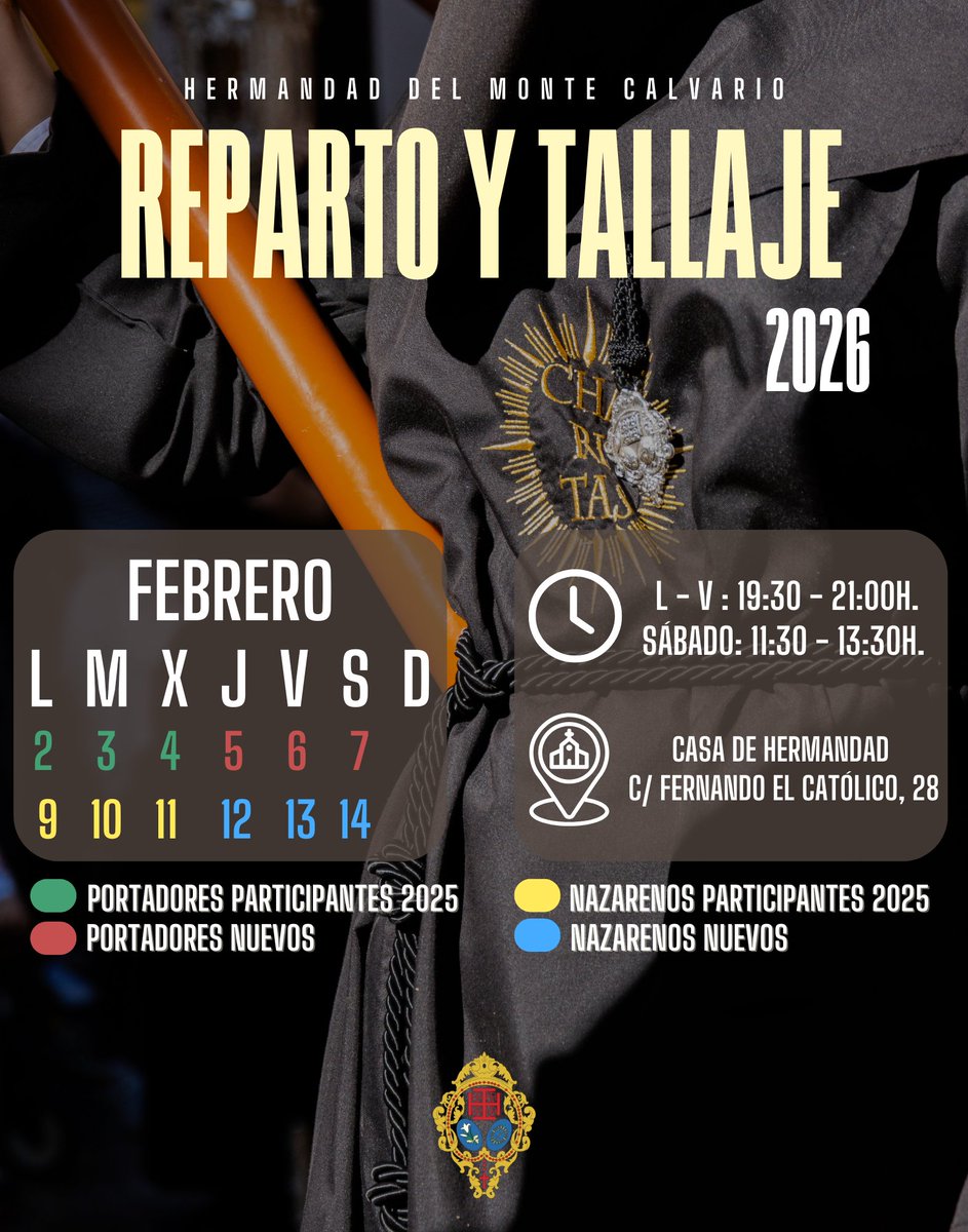 🔔 VIERNES SANTO | Hoy, lunes 9 de febrero, comienza el reparto de túnicas a nazarenos que participaron en 2025. #CofradíasMLG

⛪️ Casa de hermandad
🕰 19:30h. - 21:00h.

👉🏽 Más información en: montecalvario.es/calendario-de-…