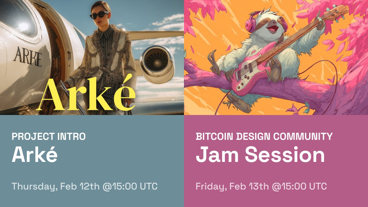 bitcoin_design's tweet photo. We've got 2 calls this week in the community.
- Arké Project Intro: Diving into the reference wallet project for mobile design patterns and the Ark protocol (part of 2026 Impact Initiatives).
- Friday Jam Session: Open space to bring project questions, collaborate. https://t.co/qjLmbrRMRr