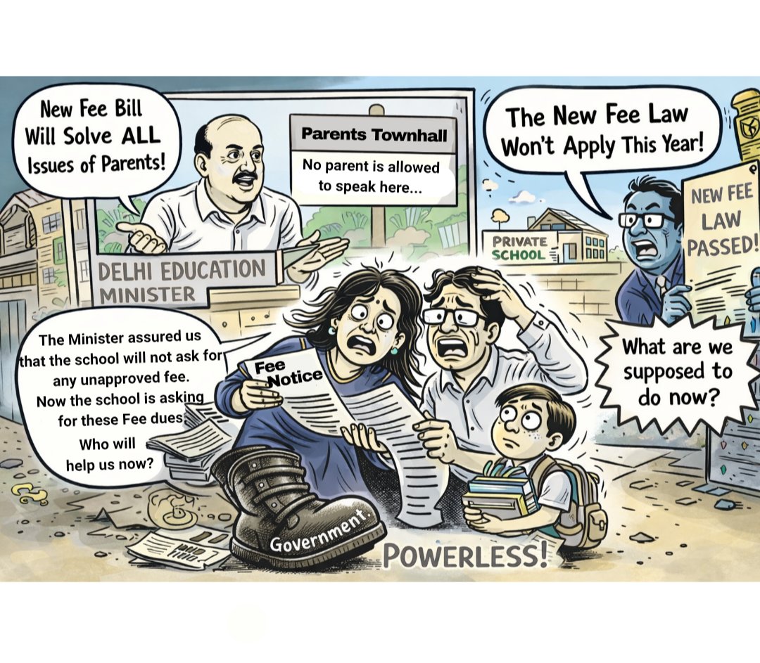 This is how Delhi Education system has played with the parents.

Promises: Instant.
Relief: Postponed.
Pressure: Immediate.

Final exams at the door, illegal fee notices on the table, and parents stuck with zero options.
<a href="/PMOIndia/">PMO India</a> <a href="/AmitShah/">Amit Shah</a> <a href="/gupta_rekha/">Rekha Gupta</a> <a href="/ashishsood_bjp/">Ashish Sood</a>