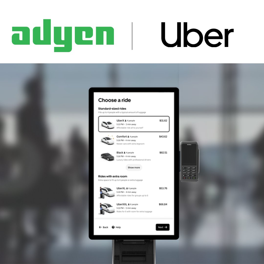 <a href="/Uber/">Uber</a>  just launched physical kiosks  🤯

Powered by <a href="/Adyen/">Adyen</a> :

After more than a decade together, Adyen and Uber are expanding their global partnership, and it’s a big one.

What’s new:

👉 Adyen now powers Uber payments across 70+ countries

👉 More local payment methods via