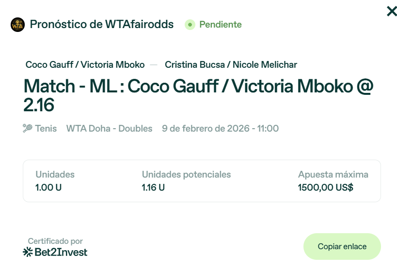 🚨 He mandado este pick a la plataforma B2I y lo han quitado de Pinnacle al poco tiempo. Creo que es porque deberían tener una hora del partido y, al cumplirse, lo retiran. Va después del Zakharova-Ostapenko, que aún están finalizando el primer set.

👉 Quien lo quiera seguir