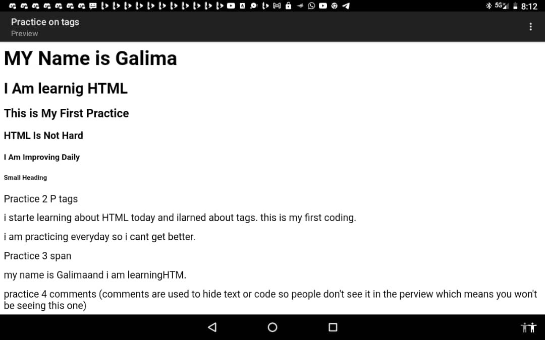 Galima444's tweet photo. Day/5 🚀Started with H tags, P tags, and span today 💻✨ #100daysChalleng #HTML #Tech https://t.co/HZ7pQZAju9