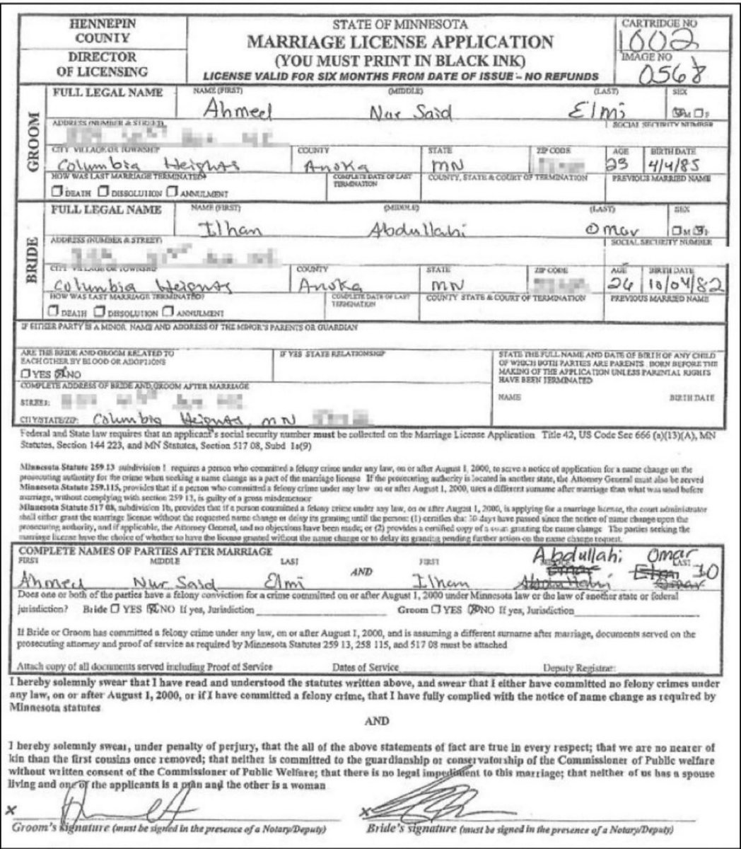Milajoy's tweet image. Do NOT let this fade. 

Keep the pressure on. 

Ilhan Omar and Ahmed Nur Said Elmi’s (Omar’s BROTHER) marriage certificate.

This incestuous SICKO married her full blood brother to skirt immigration laws.

Denaturalize and deport her.