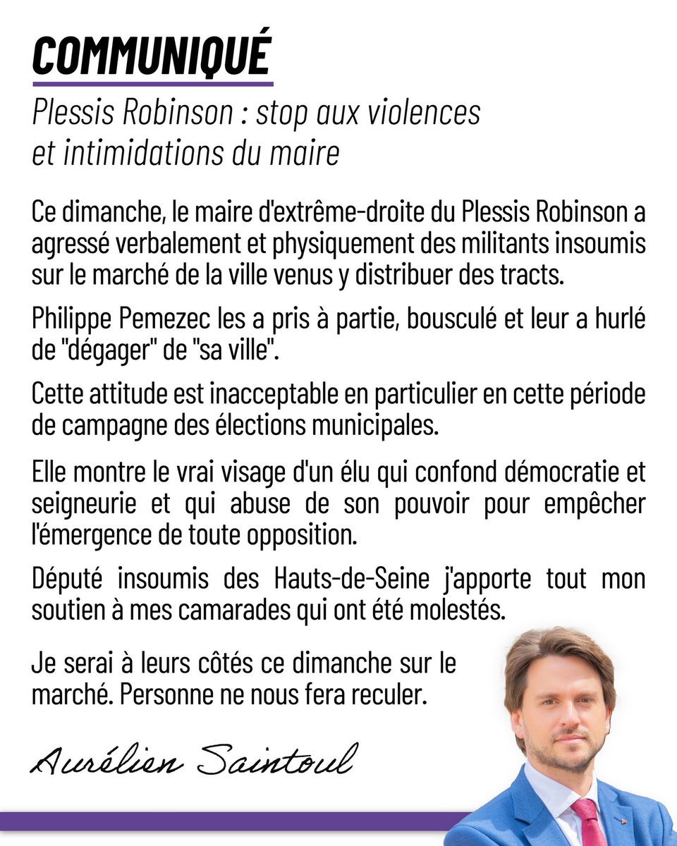 A_Saintoul's tweet photo. Le maire du Plessis Robinson s'en est pris aux insoumis présents au marché ce dimanche. Ca suffit !
Dimanche prochain je serai à leurs côtés pour diffuser nos tracts.
L'extrême-droite ne nous fera jamais reculer ! https://t.co/DMwleyYfPz
