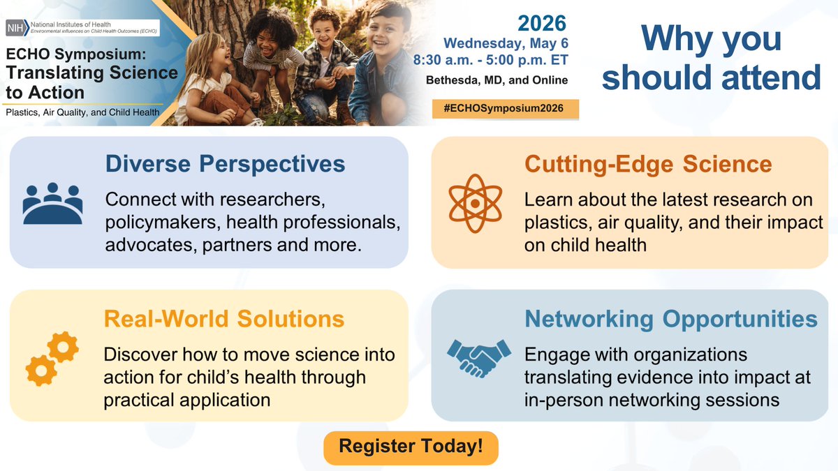 Join the ECHO Symposium: Translating Science to Action on May 6—where child health research meets real-world impact and cross-sector collaboration. Register today! cvent.me/ZZ01Br  #ECHOSymposium2026 #Plastics #AirQuality
