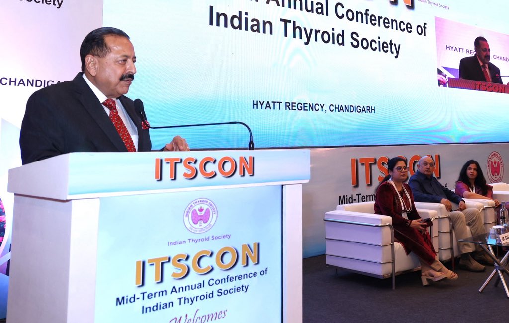 DrJitendraSingh's tweet photo. Inaugural address at the Indian Thyroid Society #ITSCON Conference #Chandigarh:
Key Takeaways:
"42 million Thyroid Cases in India demand national response; Undiagnosed Hypothyroidism a silent threat to India’s demographic dividend.
Early Detection of Thyroid Disorders crucial to safeguarding the vital energy and potential of future generations, as the rising Thyroid burden impacts workforce efficiency and thereby the national growth.
The @narendramodi Govt's reforms over the past decade promise to propel India as a global hub for affordable therapeutics and diagnostics. The current Budget's focus on strengthening indigenous Biopharma ecosystem is a step in that direction.
What is required is to break the silos in favour of a wider inter-disciplinary integration across the domains and institutions".