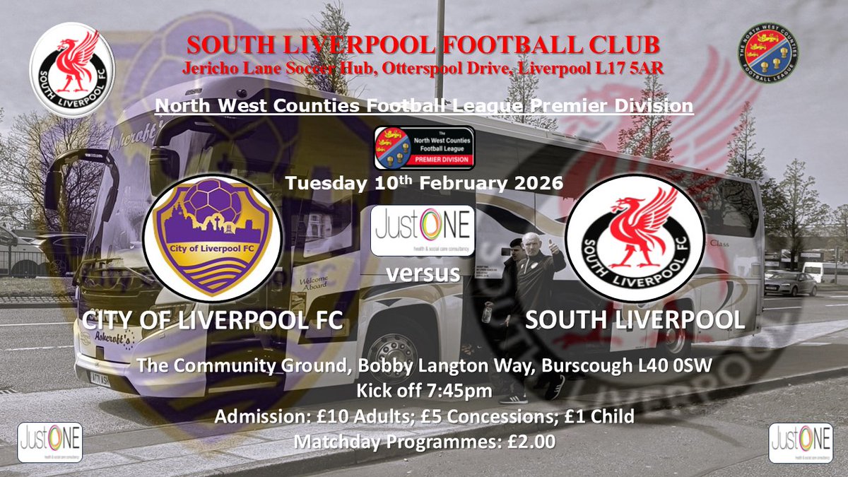 UP NEXT ⚪️⚫️🔴

📆 Tue 10/02/26
⚽️ <a href="/CityofLpoolFC/">City of Liverpool FC</a>
🏆 <a href="/nwcfl/">The NWCFL ⚽️</a> Premier Division
⏱️ 7:45pm
📌 The Community Ground, Bobby Langton Way, Burscough L40 0SW
💰 Admission: £10 Adults; £5 Concessions
📚 Matchday Programmes: £2

#supportyourlocalclub
#ComeOnTheSouth