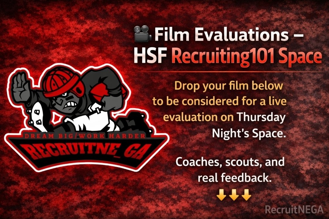 🎥 Film Evaluations – 🎙HSF Recruiting101 Space 2/12/2026

Drop your film below to be considered for a live evaluation on Thursday Night’s Space at 8pm ET ⏰️

Coaches, scouts, and real feedback.
⬇️⬇️⬇️
<a href="/CoachP_Elco/">Coach Parnell</a> <a href="/CoachMobley101/">Anthony Mobley</a>
<a href="/PHATSBOSS/">Coachphats</a> <a href="/CoachBoyd4new/">Coach Boyd</a>
<a href="/coleman_latrece/">Latrece Coleman</a>