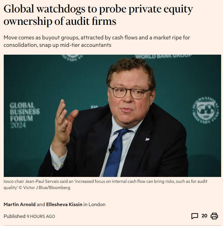 1/3 of the largest US accounting firms are now owned by PE.

The concern regulators are raising: What happens when auditors find something wrong at a company owned by the same PE firm that owns them?

In the UK, that’s banned. In the US, it’s just... a concern being raised.