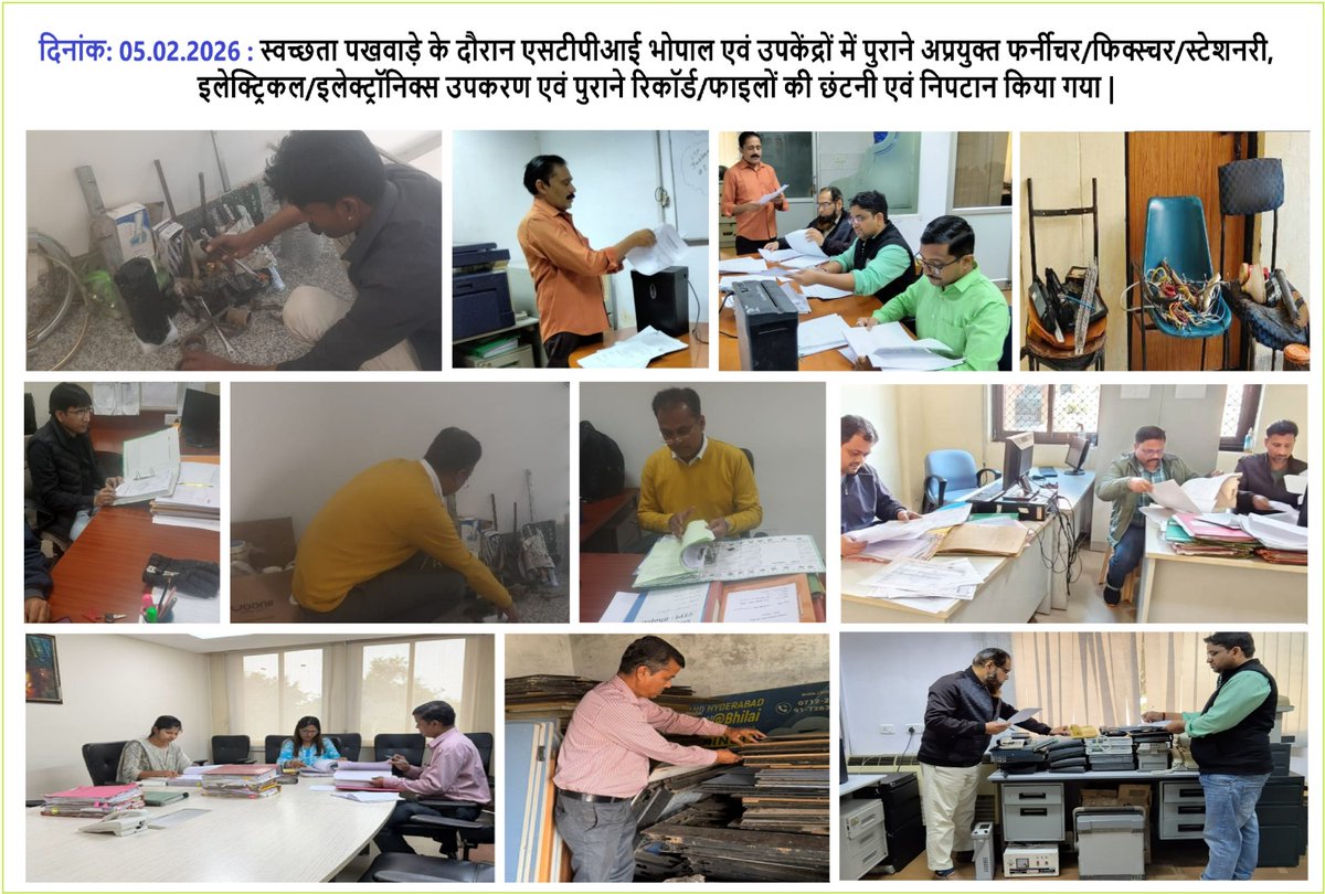 दिनांक: 05.02.2026 : स्वच्छता पखवाड़े के दौरान एसटीपीआई भोपाल एवं उपकेंद्रों में पुराने अप्रयुक्त फर्नीचर/फिक्सचर/स्टेशनरी, इलेक्ट्रिकल/इलेक्ट्रॉनिक्स उपकरण एवं पुराने रिकॉर्ड/फाइलों की छंटनी एवं निपटान किया गया। <a href="/arvindtw/">Arvind Kumar</a> <a href="/guptaa_sanjay/">Sanjay Kumar Gupta</a> <a href="/varma_ravii/">Ravi Varma</a> <a href="/stpiindia/">STPI</a>