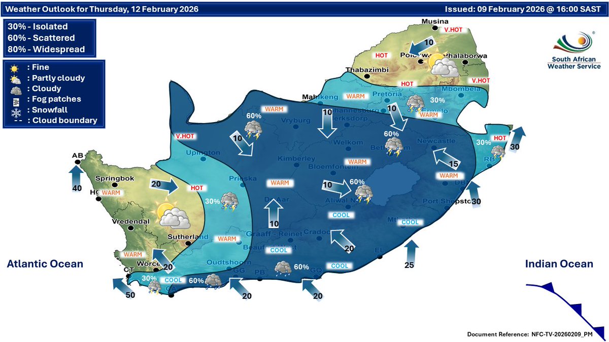 SAWeatherServic's tweet image. Wed–Thu (11–12 Feb 2026): Partly cloudy &amp;amp; warm to hot overall. Isolated to scattered showers &amp;amp; thundershowers across most areas, except the extreme NE &amp;amp; western parts. Cooler conditions in south-central regions. 

#saws #saweather #weatheroutlook #weatherforecast #weatheralerts