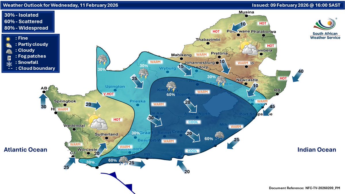 SAWeatherServic's tweet image. Wed–Thu (11–12 Feb 2026): Partly cloudy &amp;amp; warm to hot overall. Isolated to scattered showers &amp;amp; thundershowers across most areas, except the extreme NE &amp;amp; western parts. Cooler conditions in south-central regions. 

#saws #saweather #weatheroutlook #weatherforecast #weatheralerts