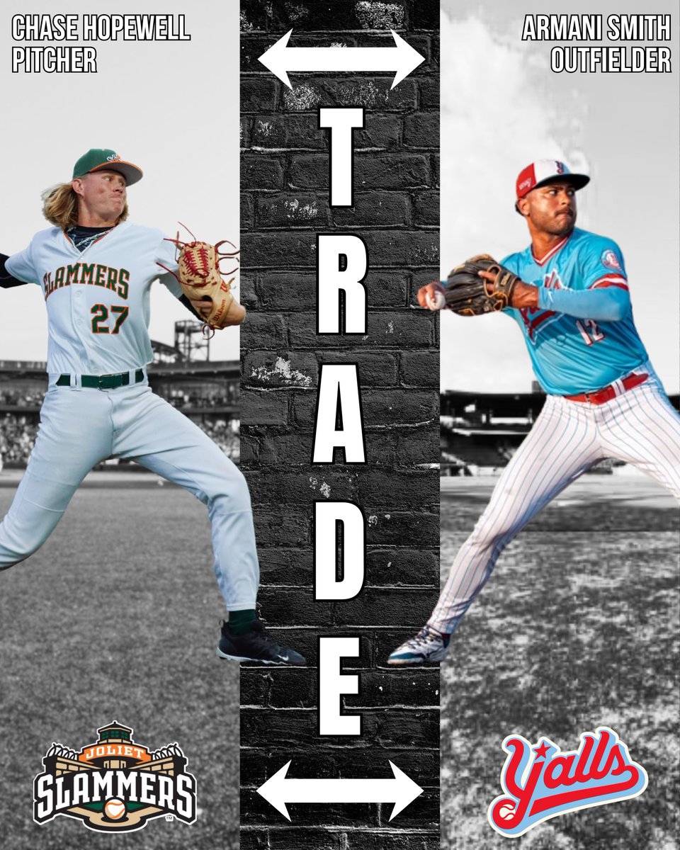 JolietSlammers's tweet photo. The Slammers would like to thank reliever Chase Hopewell for his time with the organization and welcome IF/OF Armani Smith, acquired from the @florence_yalls, to the 2026 roster 📝

Welcome to the Slam Fam Armani!

#GetLockedIn🔒 #SlamFam #Trades https://t.co/F9FQwfpE5X