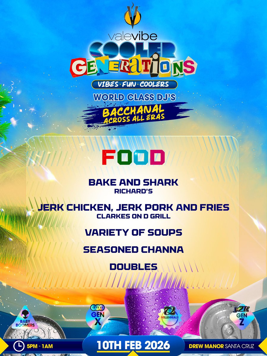 No need to leave d baccanal🔥🔥🔥
Food will be on sale all night!

ValeVibe Cooler - Generations‼️

🗓️: 10th February 2026
📍: Drew Manor, Santa Cruz
🕓: 5pm to 1am 

🎟️Limited tickets still available
🎟️: islandetickets.com/event/VALEVIBE…
📞 : 1-868-682-4973