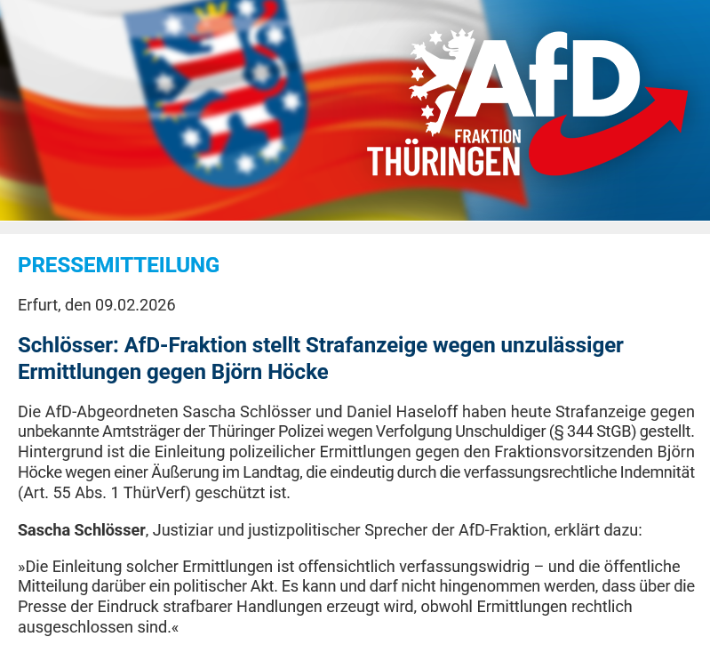 JensCotta's tweet image. Meine Kollegen @DanielHaseloff und @SchloesserRA stellen Strafanzeige wegen unzulässiger Ermittlungen gegen Björn #Höcke. Trotz klarer verfassungsrechtlicher #Indemnität wurde ein Ermittlungsverfahren eingeleitet und öffentlich kommuniziert. Die #AfD-Fraktion sieht darin einen…
