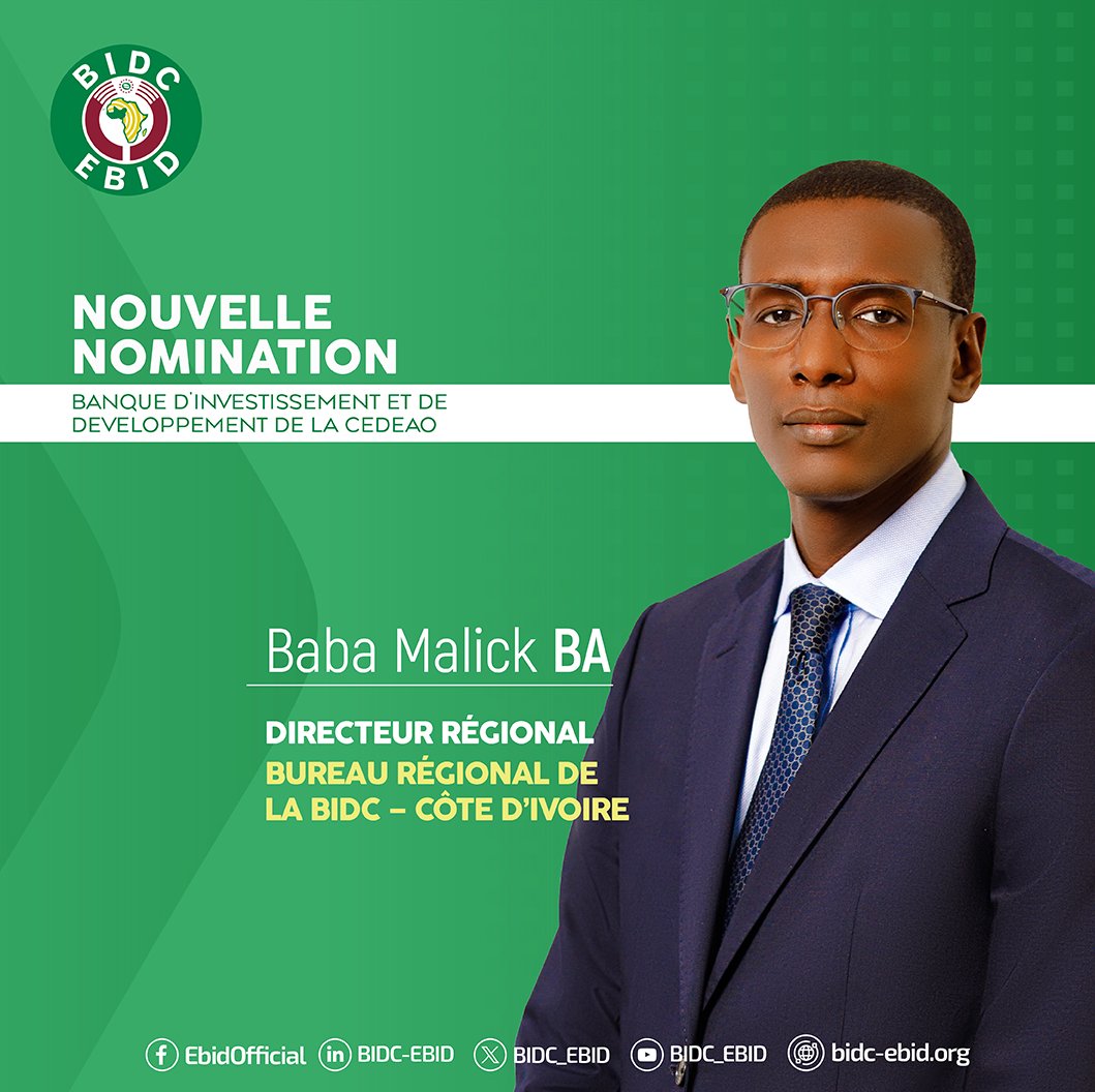 BIDC_EBID's tweet photo. La BIDC a nommé M. Baba Malick Ba au poste de Directeur Régional en charge de la supervision de la Côte d'Ivoire, du Sénégal, de la Gambie, du Burkina Faso, du Cap-Vert et de la Guinée, à compter du 1er février 2026.
M. Baba Malick Ba est un professionnel chevronné de la finance qui possède une vaste expérience dans les secteurs public et privé.
Avant de rejoindre la Banque, M. Ba a travaillé pour le gouvernement sénégalais au ministère de l'Économie, du Plan et de la Coopération en tant que Directeur du financement et des partenariats public-privé et Coordonnateur de l'unité PPP du Sénégal (UNAPPP).
M. Ba a également occupé divers postes stratégiques au sein d'entreprises publiques canadiennes et a travaillé comme banquier pour JP Morgan Chase et Bank of America aux États-Unis et au Canada.
Dans le cadre de ses nouvelles fonctions à la BIDC, il soutiendra les opérations régionales de la Banque, renforcera les partenariats et fera progresser la mission de la BIDC en faveur du développement économique durable dans la région de la CEDEAO.