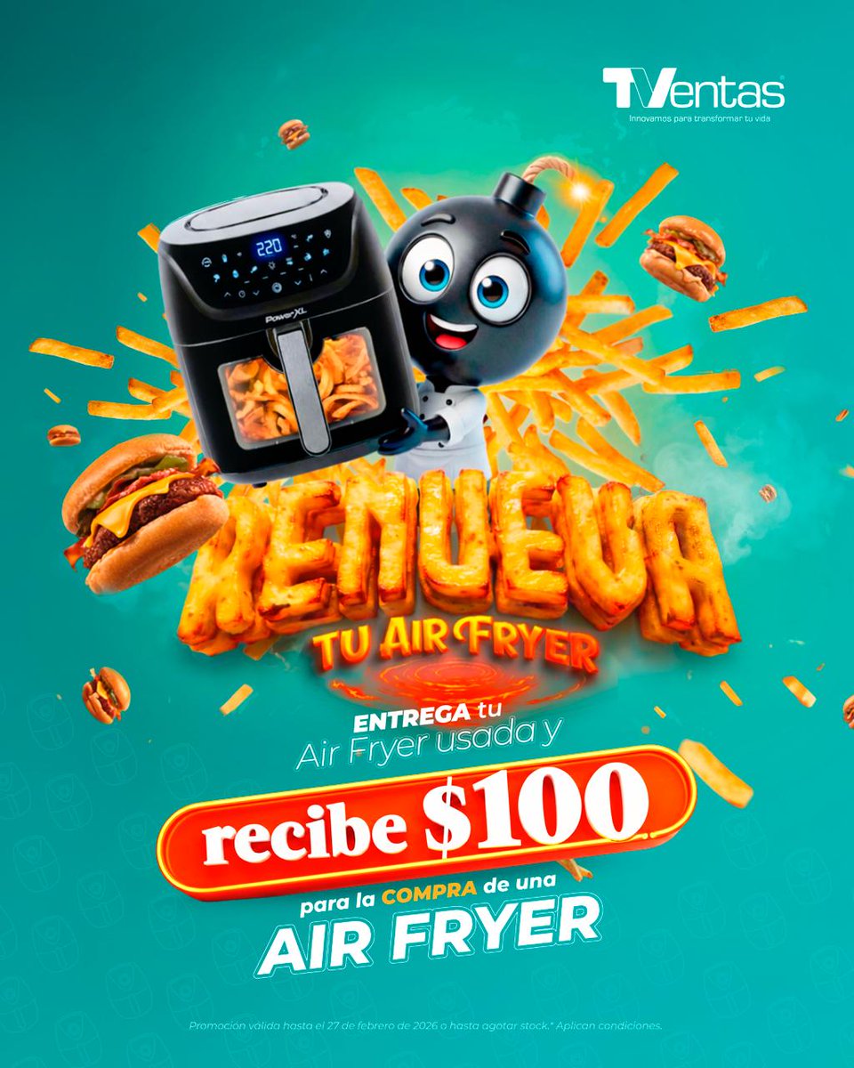 TVentas's tweet photo. 🔥 ¡Renueva tu Air Fryer con TVentas! 🔥
La campaña que todos esperaban… volvió.😉

Trae tu Air Fryer usada o vieja. 
💵 Recibe un bono de $100 para comprar una nueva. ✨
📲Escríbenos para más info ➡️ https://t.co/9w7IIJD1w0 

Válido hasta 27 de febrero 2026. Aplican condiciones https://t.co/8tia7x1y8E