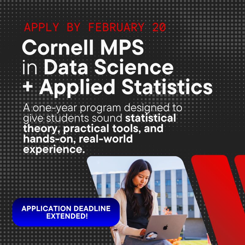 Aw269Cornell's tweet photo. With a Master of Professional Studies in Data Science + Applied Statistics @Cornell_Bowers you'll gain advanced technical skills that prepare you for data-driven roles across nearly every industry.

New @Cornell application deadline Friday, February 20. https://t.co/ZQDHvagUfe https://t.co/5dOazq0Jph