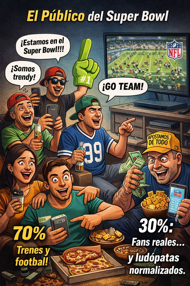 El medio tiempo del Super Bowl es malo desde hace años, pero sigan peleando por quién canta.

La NFL no está “incluyendo”, está vendiendo. El 70% lo ve para no quedarse fuera de la conversación el primer domingo de febrero.

El otro 30%: fans reales… y ludópatas normalizados.