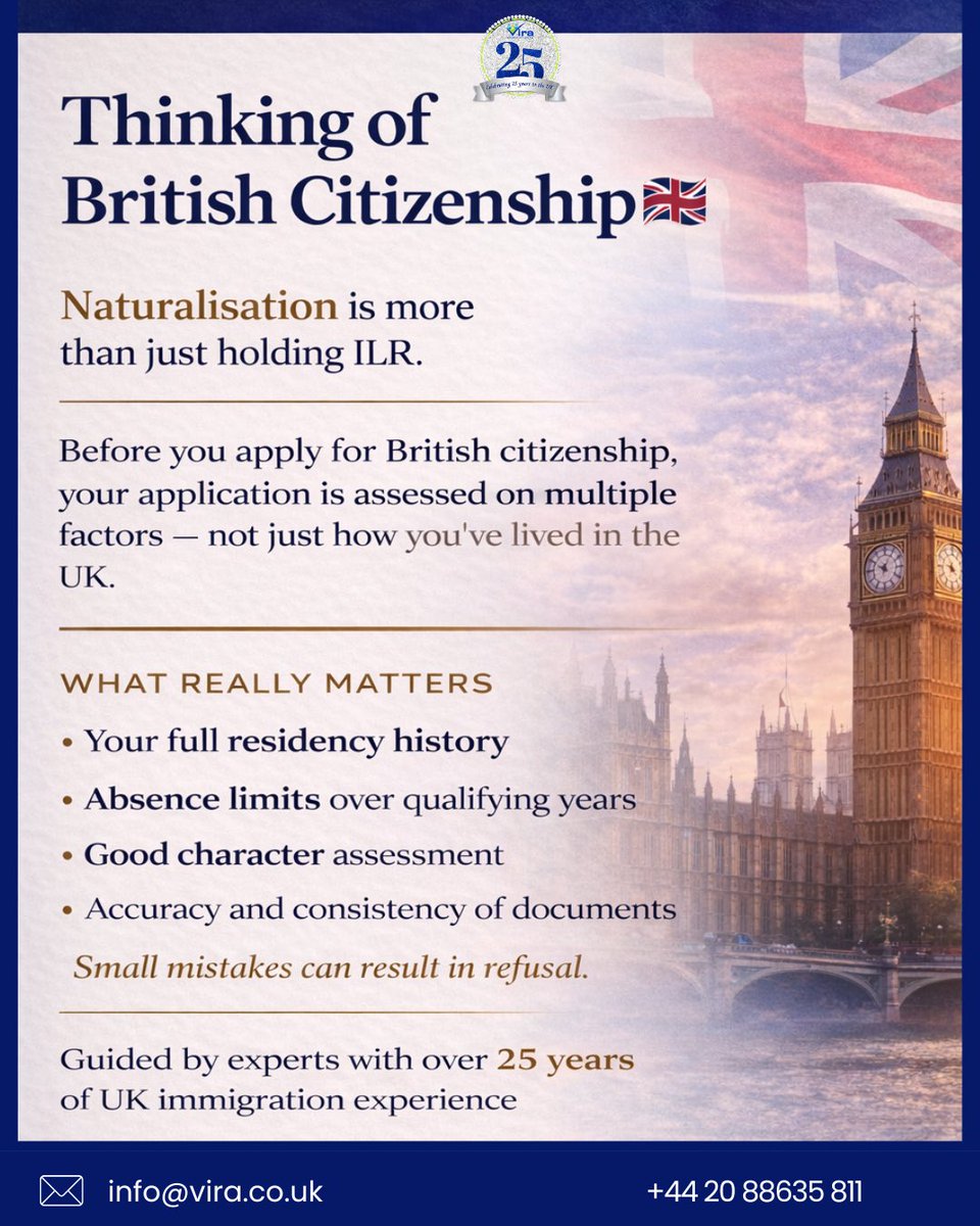 Thinking of British citizenship 🇬🇧 Naturalisation is more than just holding ILR.
From residency history to absence limits and document accuracy — every detail matters. Even small mistakes can lead to refusal.
With over 25 years of UK immigration expertise, we guide you through