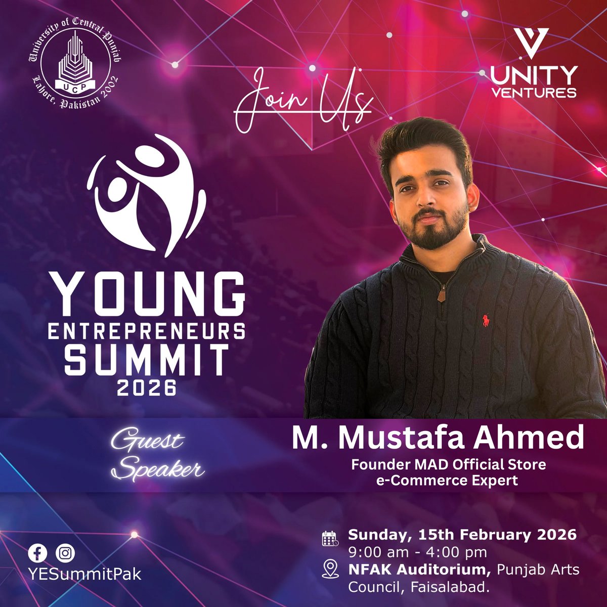 MazharHayatPK's tweet image. We’re excited to announce Muhammad Mustafa Ahmed as a Panel Speaker at YES 2026, sharing practical insights on e-commerce and impact-driven growth.
#UnityVentures 
#YES2026 #YouthLeadership