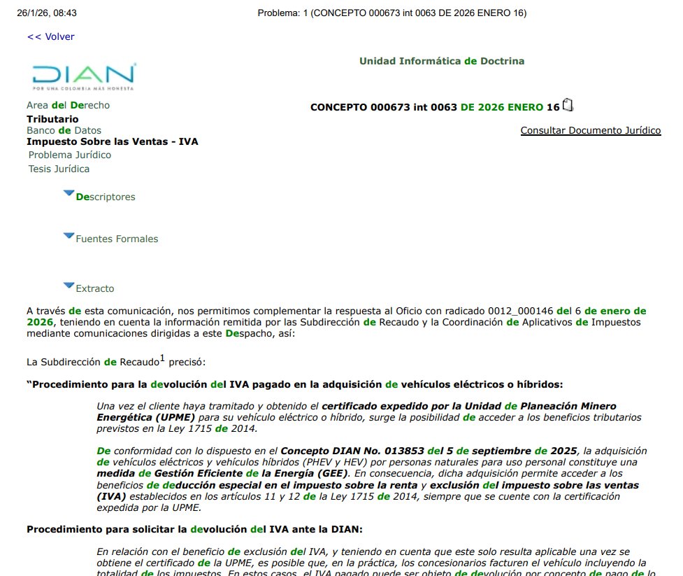 #ActualidadTributaria | Atención contadores

La DIAN, mediante el Concepto 673 de 2026, precisa las reglas para la devolución del IVA en vehículos eléctricos e híbridos en el marco de la Ley 1715.

accounter.co/normatividad/b…