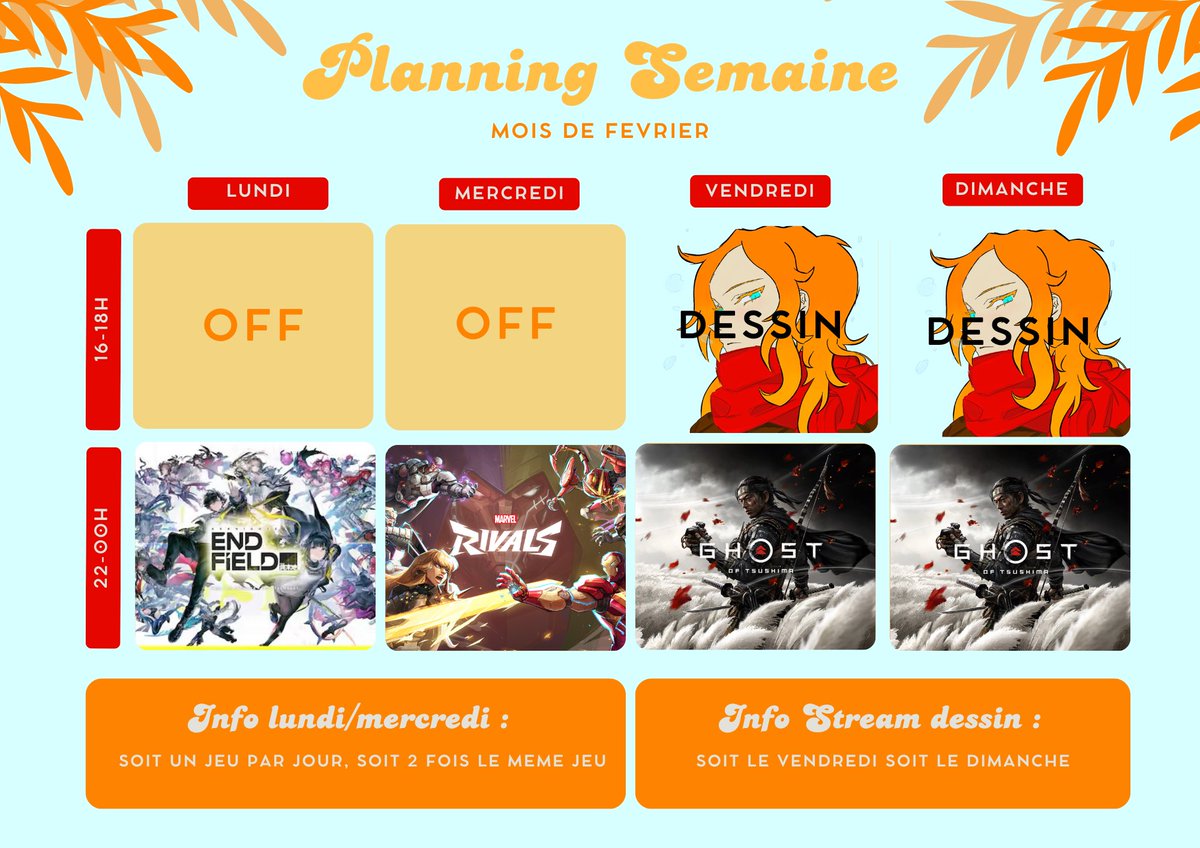 Nouveau planning Twitch pour le mois de février 

Au programme : Arknights Endfield, Marvel Rivals, Ghost of Tsushima et enfin les streams Dessin

m.twitch.tv/erdbexer/home