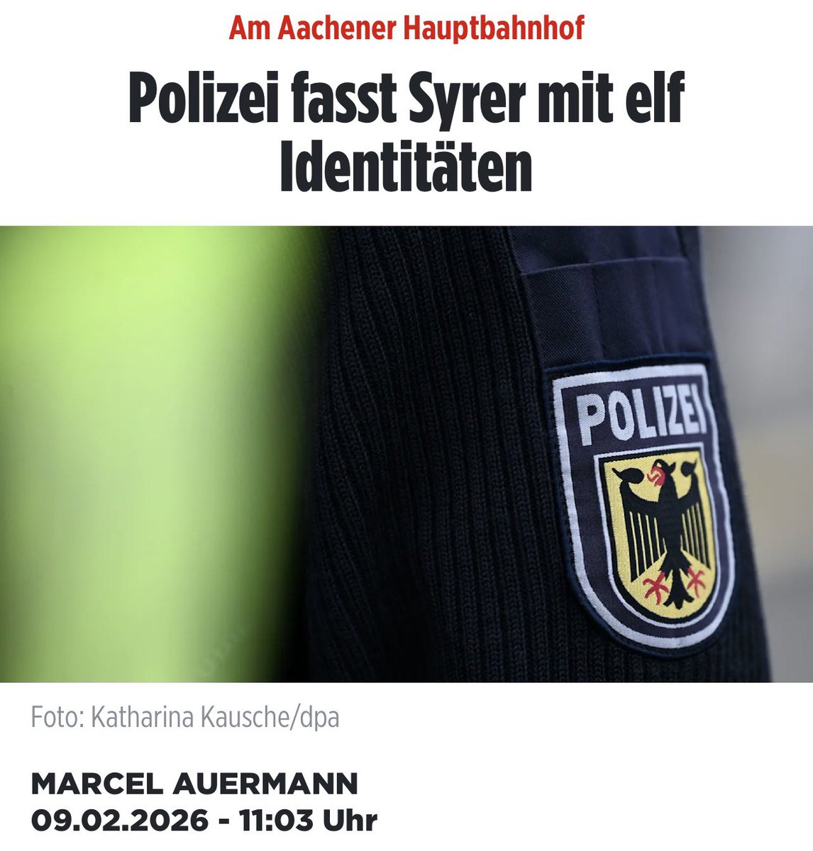 Een Syriër met elf identiteiten werd dit weekend opgepakt op het station van Aken.

Hier wordt de onwil van <a href="/vonderleyen/">Ursula von der Leyen</a>, <a href="/MinPres/">Rob Jetten</a>, <a href="/_FriedrichMerz/">Friedrich Merz</a>, <a href="/EmmanuelMacron/">Emmanuel Macron</a>, enzovoort weer eens zichtbaar om werkelijk iets te doen aan illegale migratie, want dit is niets nieuws.