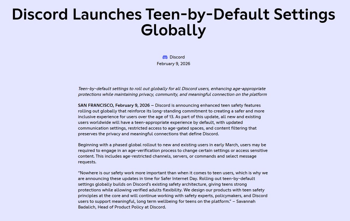 Wario64's tweet image. Discord will require a face scan or ID for full access next month - all accounts set to "teen-appropriate experience" by default theverge.com/tech/875309/di…

discord.com/press-releases…