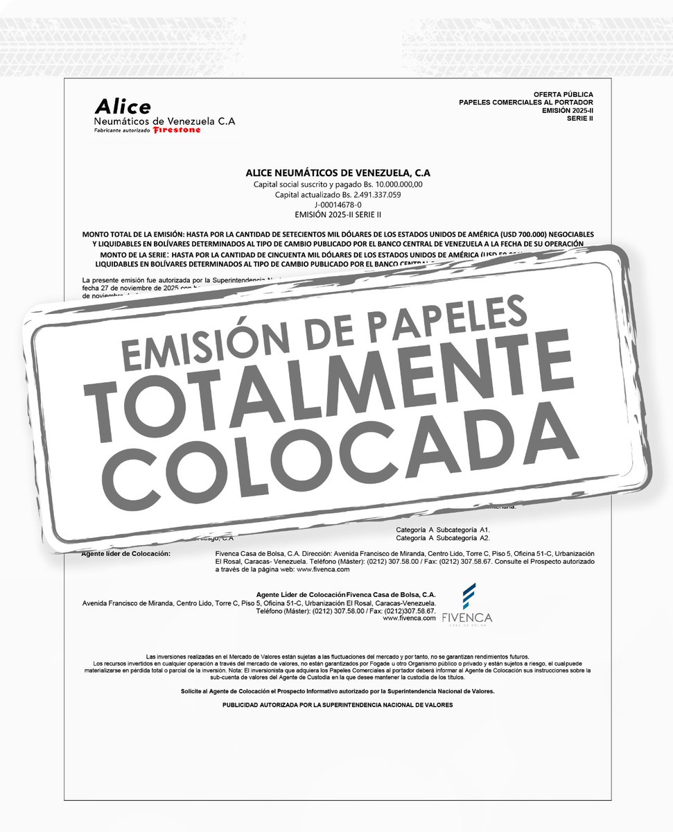 grupofivenca's tweet photo. Como agentes estructuradores y colocadores, nos complace anunciar que la Emisión de Papeles Comerciales de Alice Neumáticos de Venezuela C.A.🖋️

Emisión 2025-II.
Serie II.

¡Ha sido totalmente colocada!👨‍💼 https://t.co/foCJ9PXBj7