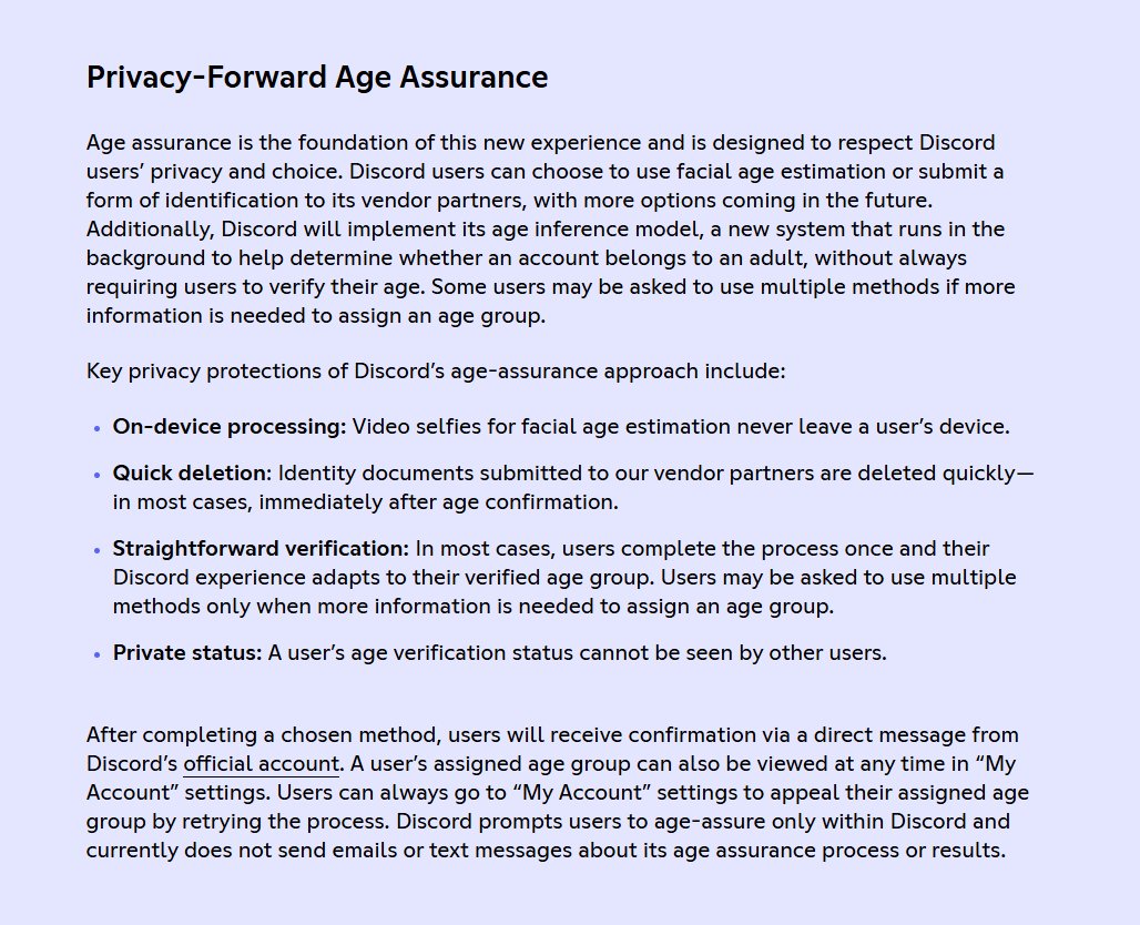 Wario64's tweet image. Discord will require a face scan or ID for full access next month - all accounts set to "teen-appropriate experience" by default theverge.com/tech/875309/di…

discord.com/press-releases…
