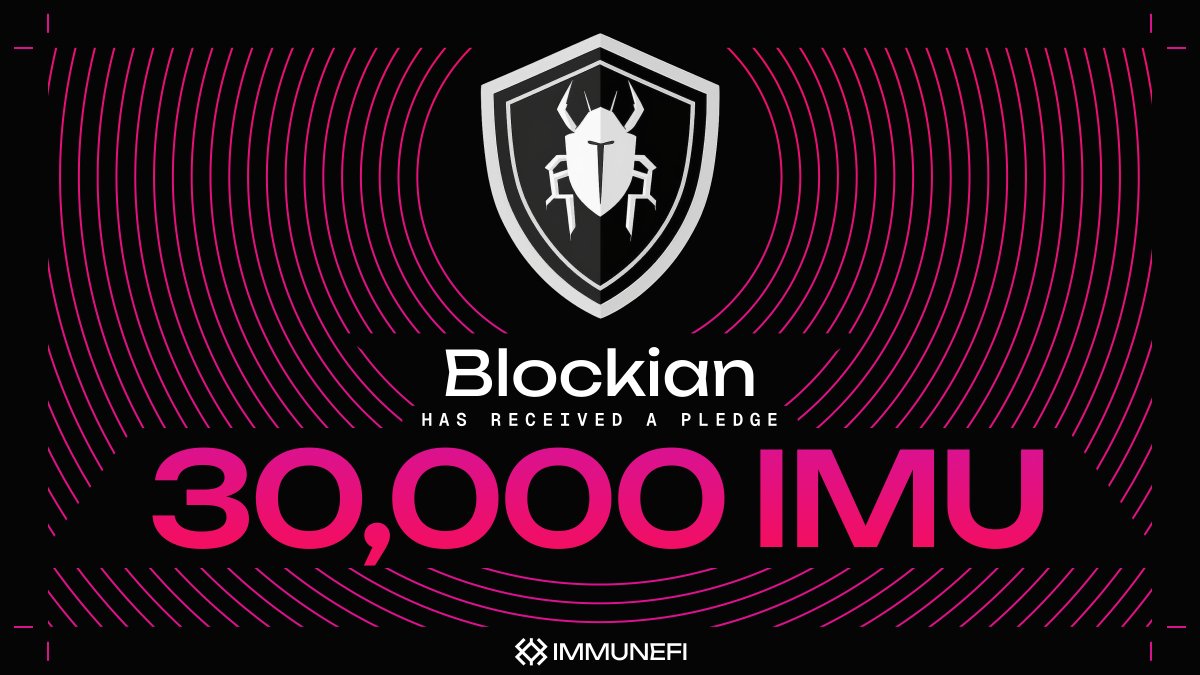 immunefi's tweet photo. The @_blockian team just received a 30,000 IMU pledge after winning a $40,000 bounty. 

More wins, more IMU pledged, more security. https://t.co/q8FYUsXmiU