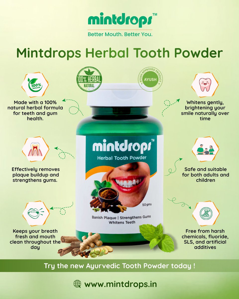 themintdrops's tweet photo. Say hello to Ayurveda-powered oral care 🌿
Mintdrops Herbal Tooth Powder offers a natural way to keep your teeth clean, gums strong, and breath fresh without harsh chemicals.

👉 Make the switch to herbal oral care today.

#Mintdrops https://t.co/kq00UjAzxB
