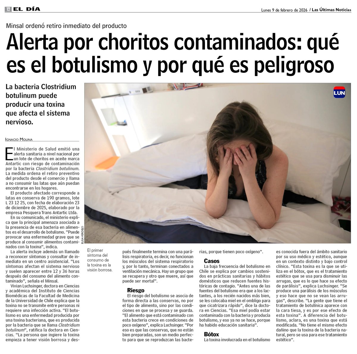 [UCHILE en la Prensa] Vivian Luchsinger, académica <a href="/MedicinaUChile/">Facultad de Medicina</a> y del ICBM U. de Chile, explica en <a href="/lun/">Las Últimas Noticias</a> los riesgos y características de la toxina encontrada en choritos contaminados que fueron retirados del mercado por orden del Ministerio de Salud
