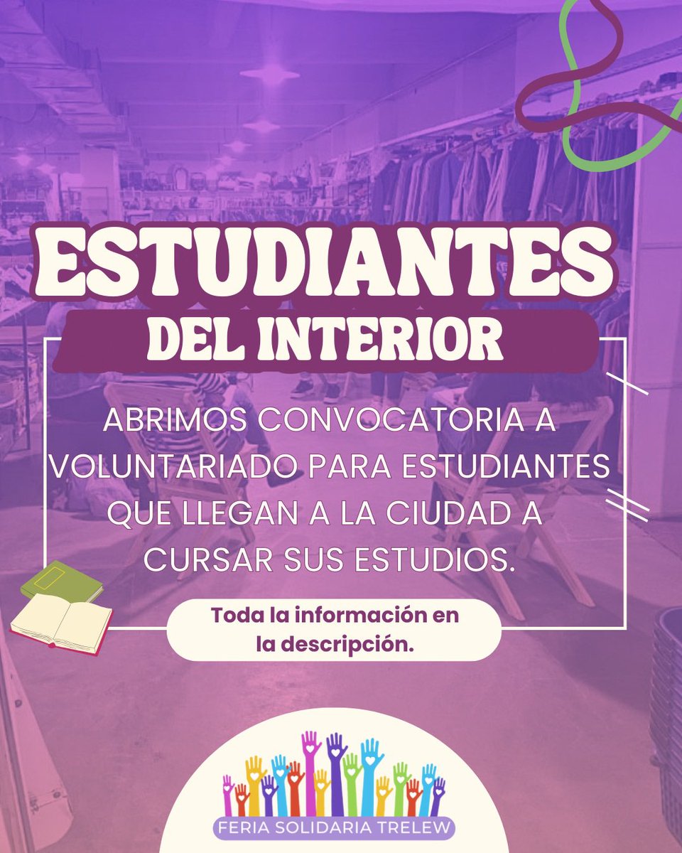 FeriaTrelew's tweet photo. 📣 Invitamos a estudiantes del interior a sumarse a la Feria💜 Cupos limitados | Preinscripción 👉 https://t.co/qptTxJWYuY ⏰ Hasta el 12/02
• 3 h semanales como voluntarios + apoyo mensual en alimentos y art de higiene. 
 #FeriaSolidariaTrelew https://t.co/IK8D9pveUQ