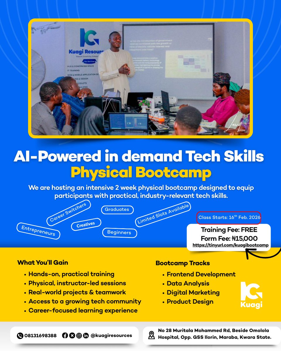 They didn’t wait for the perfect moment.
They showed up and learned by building.

Kuagi Tech Skills Bootcamp is where you'll learn in-demand skills.

Starts 16th Feb 2026
Training FREE
Form: ₦15k

Limited slots.
👉tinyurl.com/kuagibootcamp

#KuagiResources #TechBootcamp #Ilorin