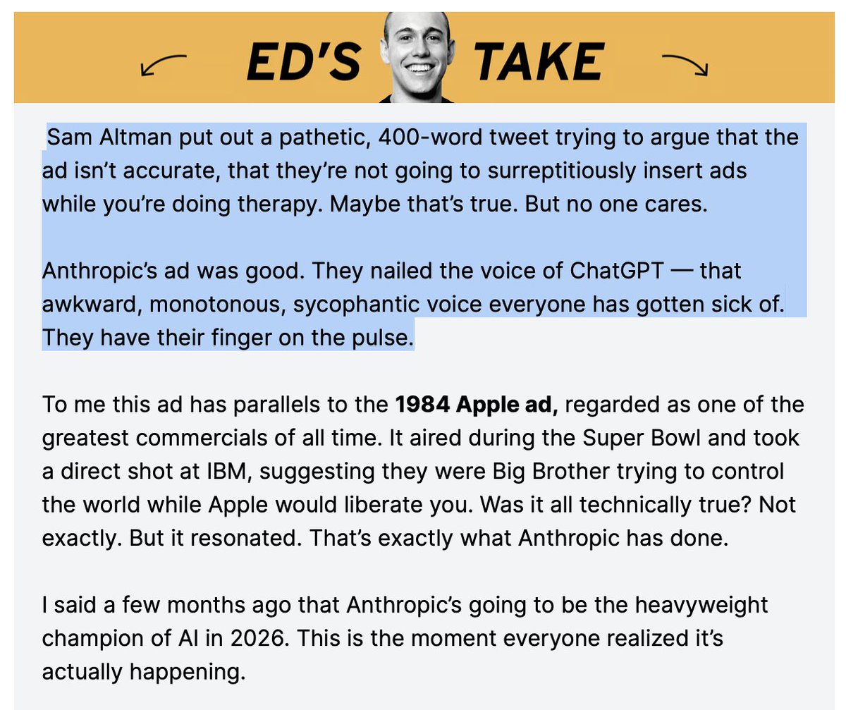 So <a href="/profgalloway/">Scott Galloway</a> and team nailed points I made last week about <a href="/AnthropicAI/">Anthropic</a>'s Super Bowl ads, how good they are, and what <a href="/OpenAI/">OpenAI</a> execs have gotten wrong about the response. Thoughts <a href="/lulumeservey/">Lulu Cheng Meservey</a> 

- The sycophantic Chat GPT tone is more damning (or at least as much) as the "but