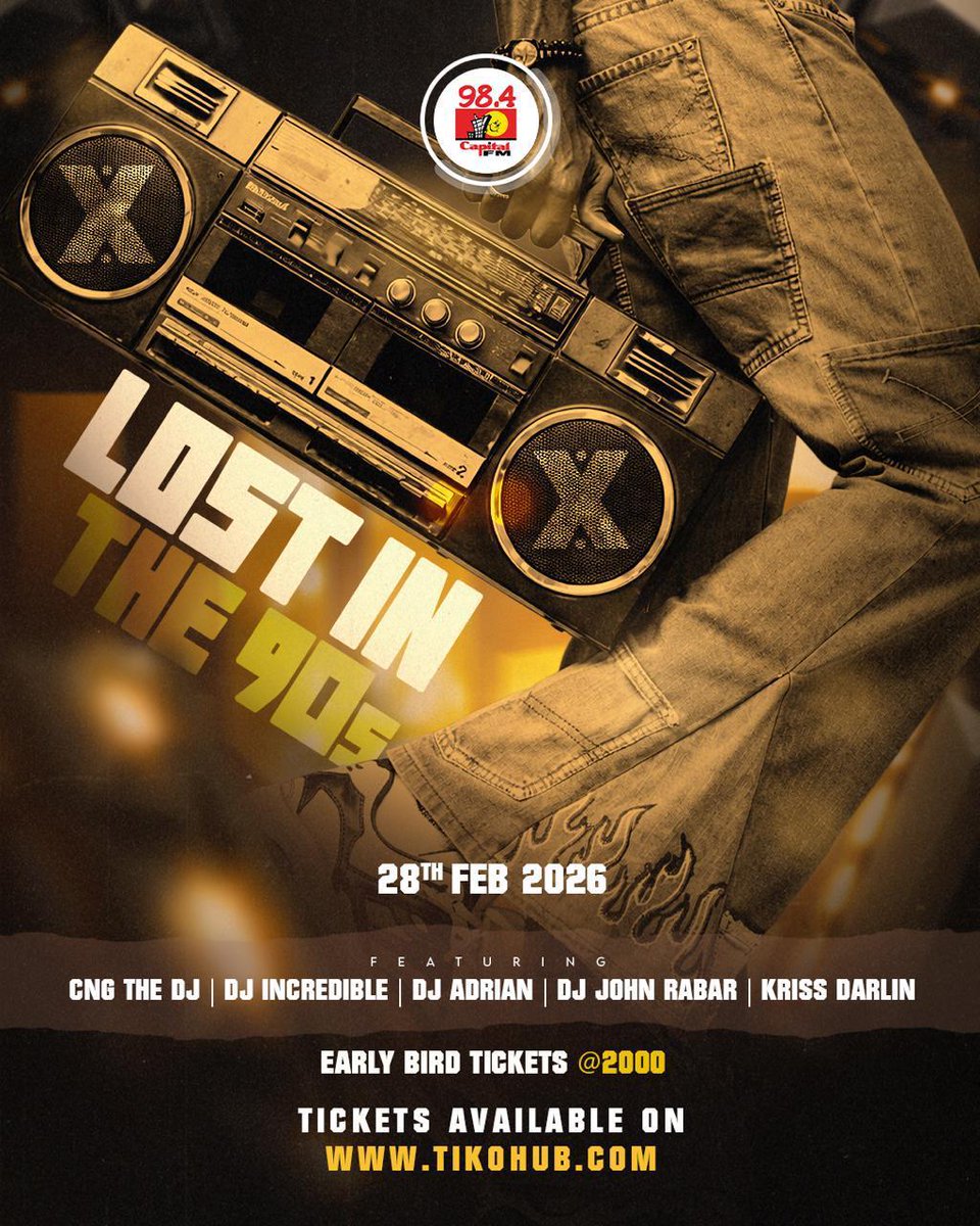 CapitalFMKenya's tweet photo. 21 days to go! Are you ready to party like it’s the 90s?
Early Bird tickets only Ksh 2,000, don’t wait, grab yours now: https://t.co/21TMmiC2e5
Featuring your favorite DJs: CNG The DJ, DJ Incredible, DJ Adrian, DJ John Rabar & DJ Kriss Darlin
#LostInThe90s #90sParty #CapitalEvents