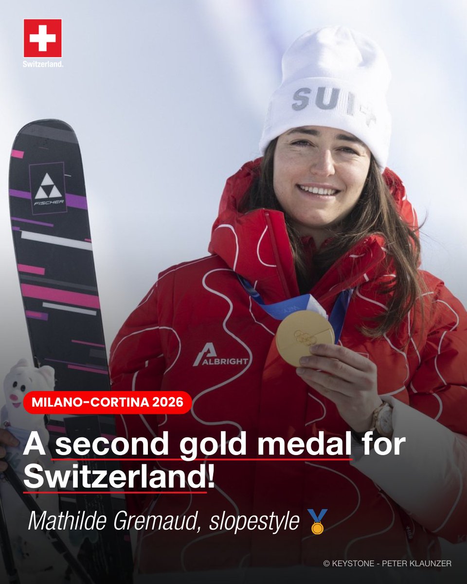 🥇 A second gold medal for Switzerland at the #MilanoCortina2026 Olympic Winter Games! 🇨🇭

Mathilde Gremaud is the Olympic slopestyle champion. Congratulations! 👏

She successfully defends the title she won four years ago in Beijing and makes Swiss sporting history by becoming