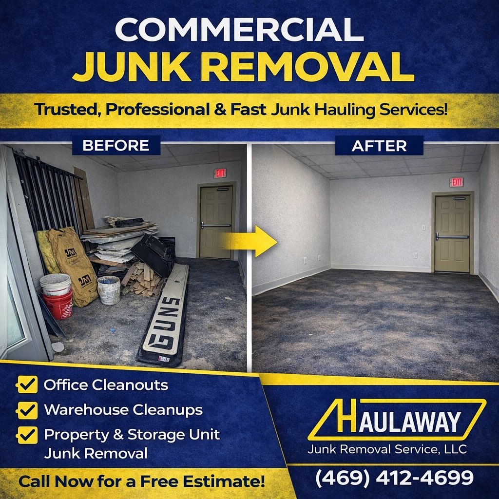 HaulawayL's tweet image. Need COMMERCIAL JUNK REMOVAL in Dallas? We clear offices, warehouses, construction debris &amp;amp; property cleanouts—FAST &amp;amp; reliable.

📲 Text pics + zip code for instant quote
📞 (469) 412-4699
🌐 haulawayjunk.net

#DallasJunkRemoval #CommercialCleanup #DebrisRemoval