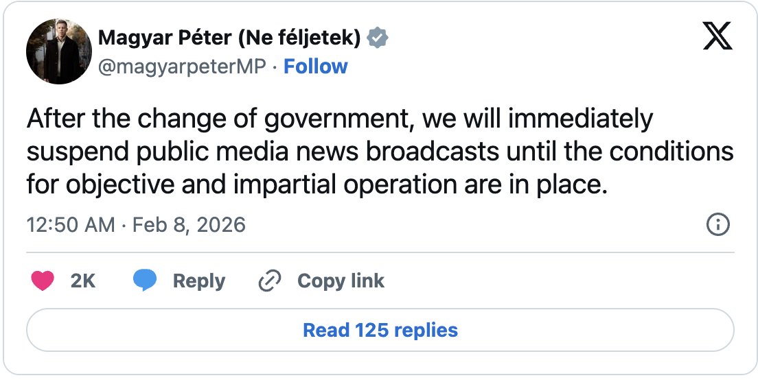RMXnews's tweet image. 🇭🇺🔴Hungarian opposition leader Péter Magyar now says he will suspend all public media broadcasts once he defeats PM Viktor Orbán in April elections.

“After the change of government, we will immediately suspend public media news broadcasts until the conditions for objective and…